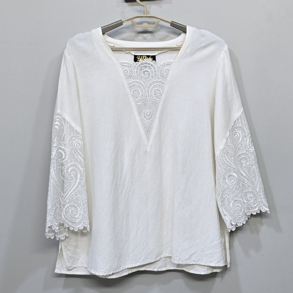 Bob Mackie Wearable Art Shirt Top Plus Size 2X Ivory‎ Lace Linen Blend Romantic